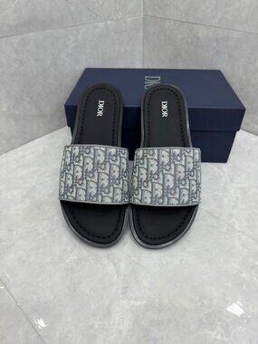 Christian Dior Grey Oblique Jacquard Slide Sandals Logo Flat Slip On Mules